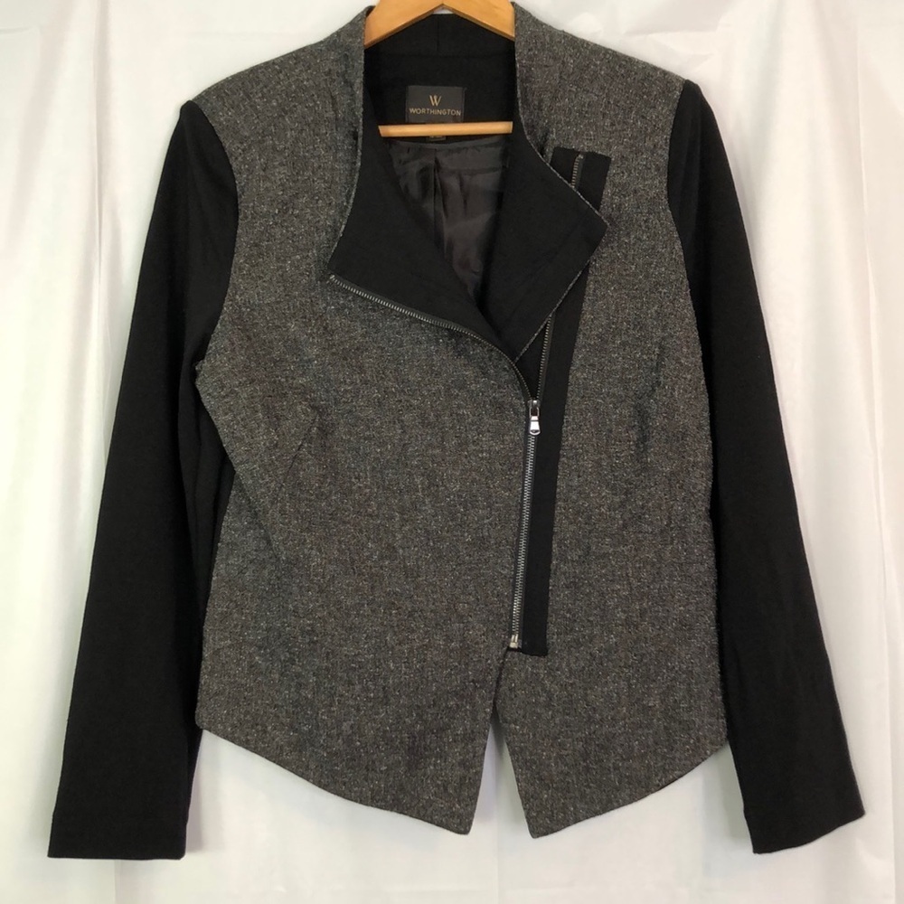 Worthington Women's Black Gray Asymmetrical Zipper Career Blazer Jacket Size L